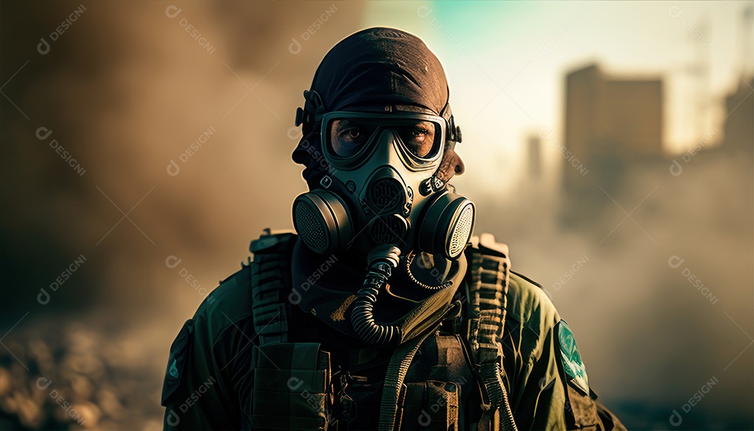 Jovem soldado usando máscara.