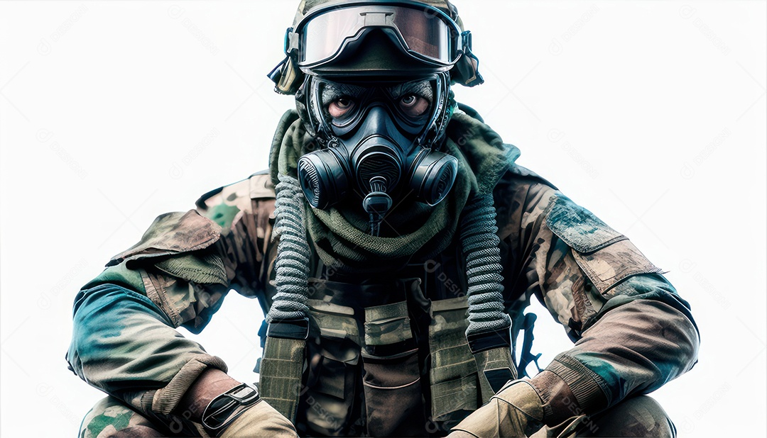 Jovem soldado usando máscara.