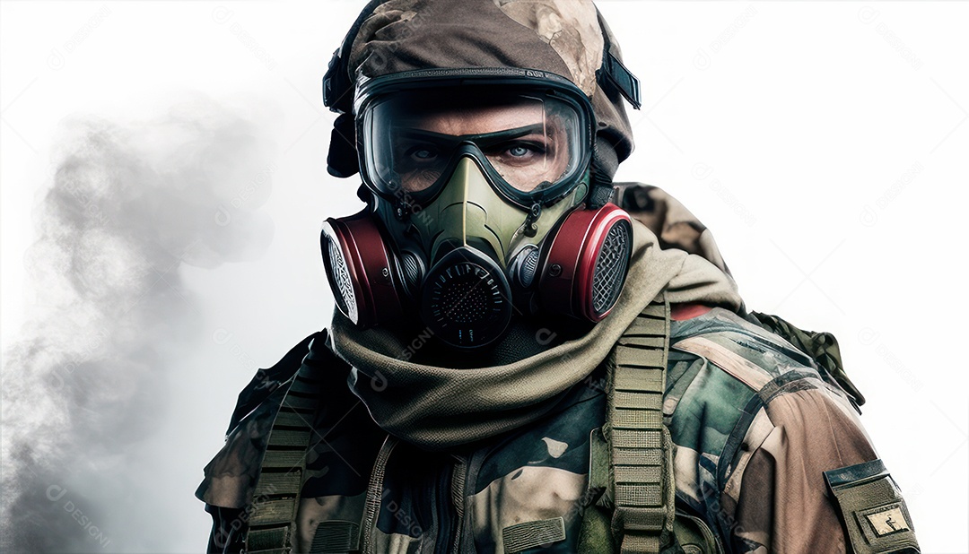 Jovem soldado usando máscara.