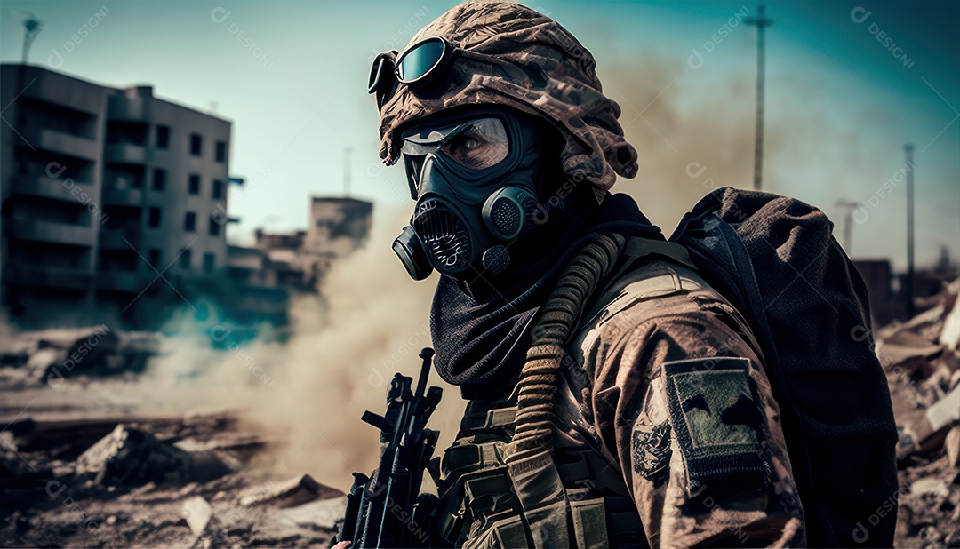 Jovem soldado usando máscara.