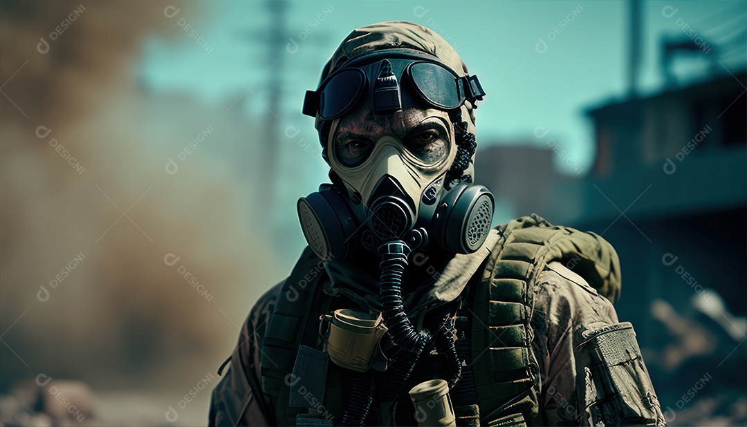 Jovem soldado usando máscara.