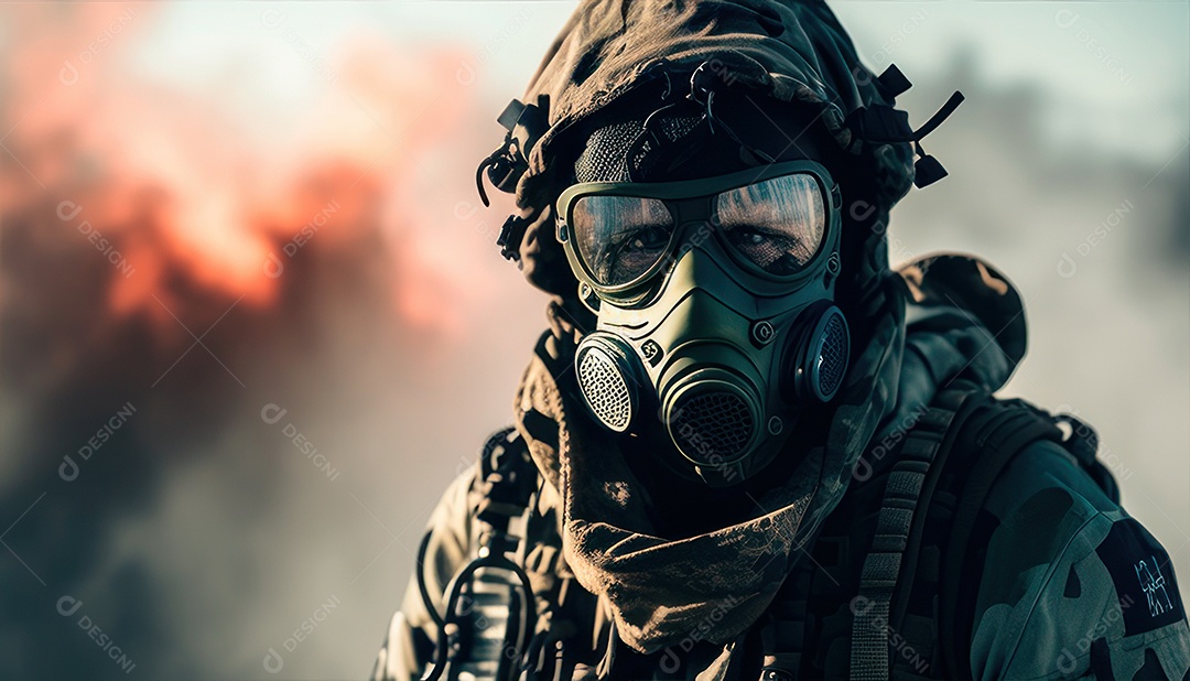 Jovem soldado usando máscara.