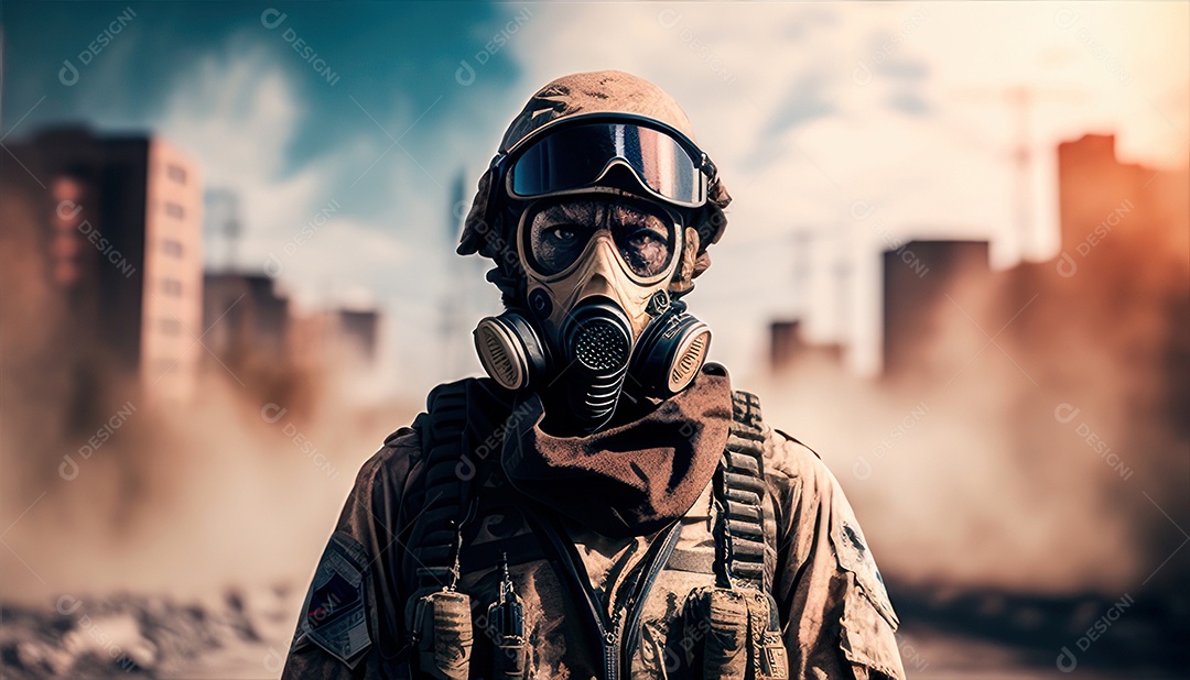 Jovem soldado usando máscara.