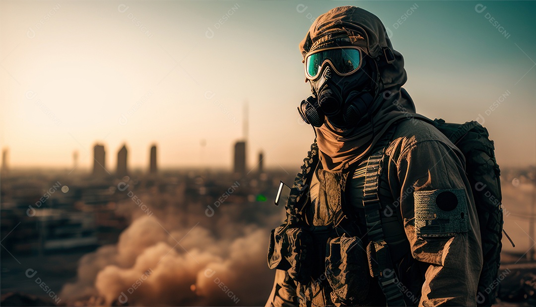 Jovem soldado usando máscara.