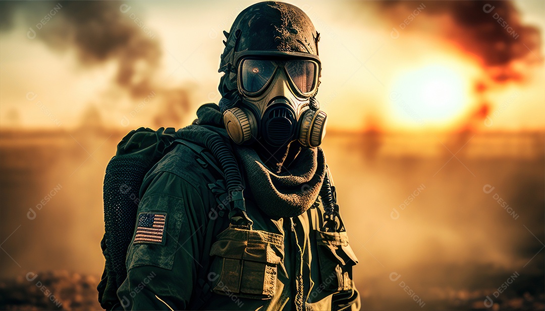 Jovem soldado usando máscara.