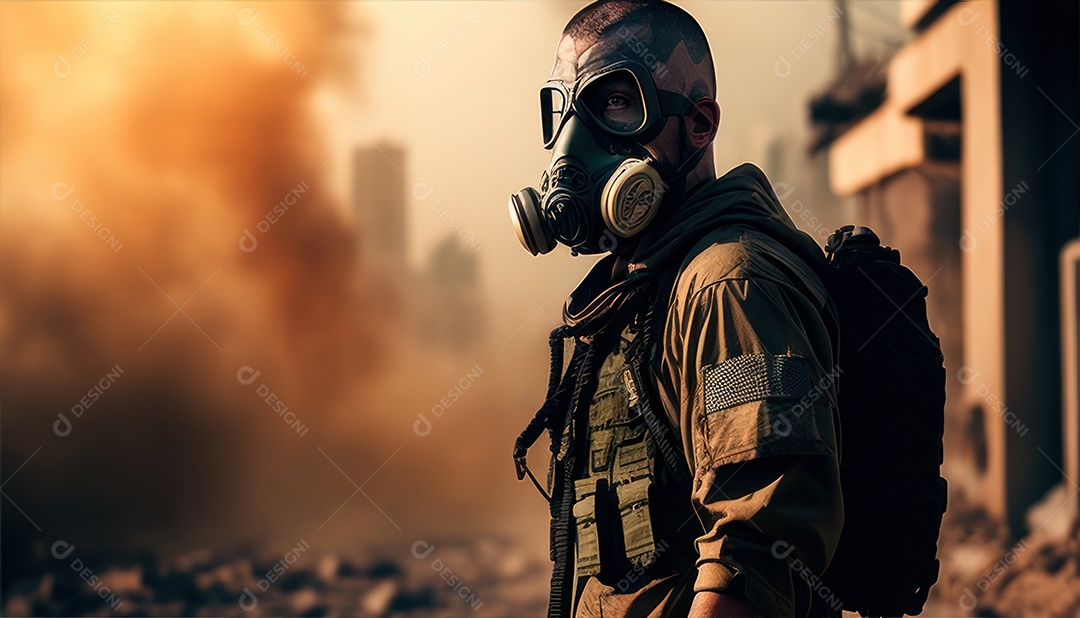 Jovem soldado usando máscara.