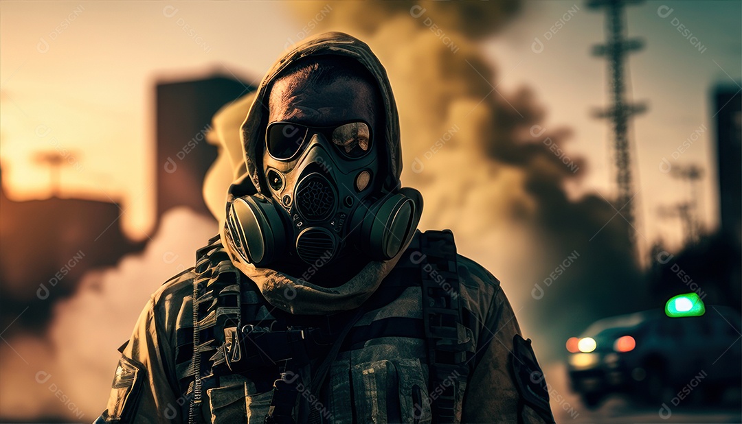 Jovem soldado usando máscara.