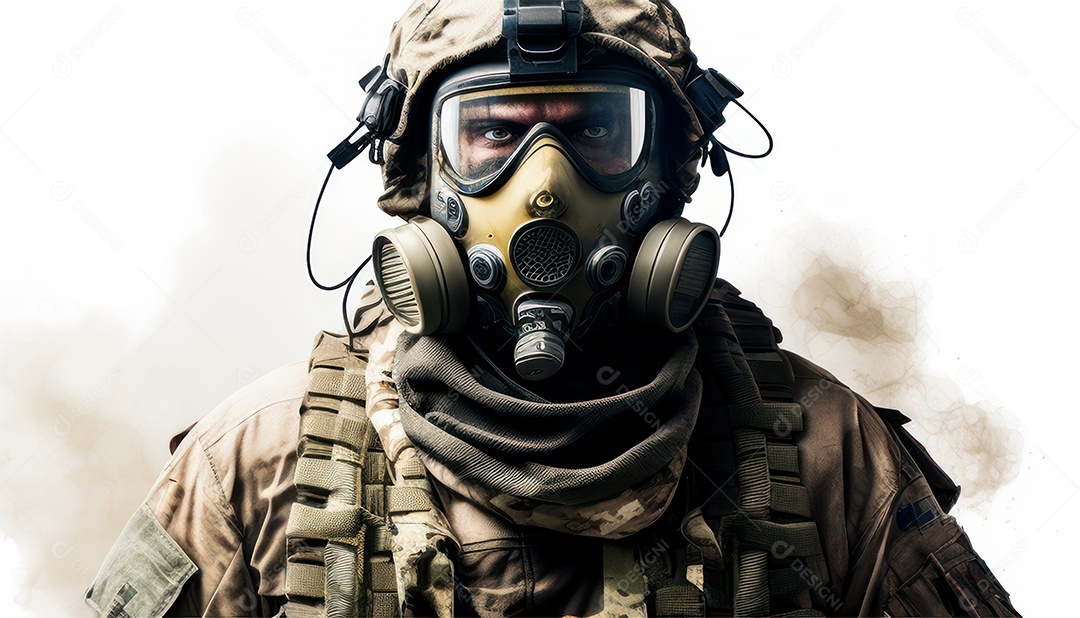 Jovem soldado usando mascara de oxigênio.
