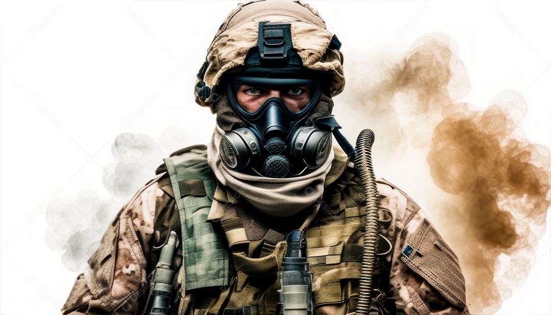 Jovem soldado usando mascara de oxigênio.