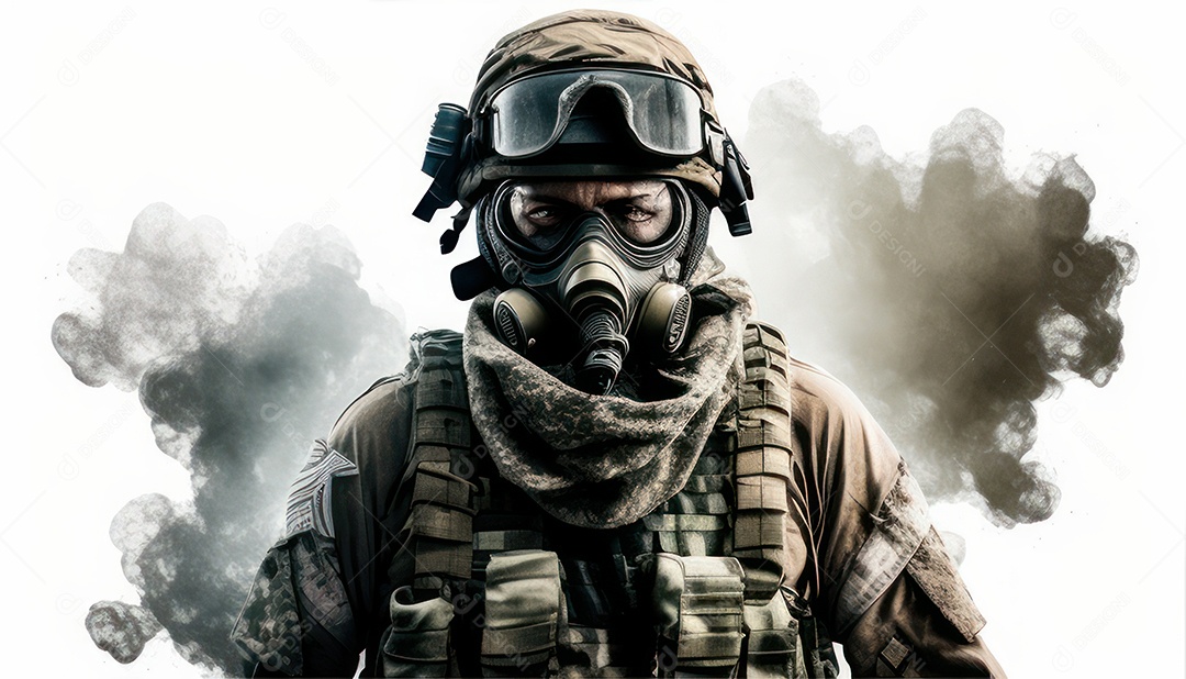 Jovem soldado usando mascara de oxigênio.