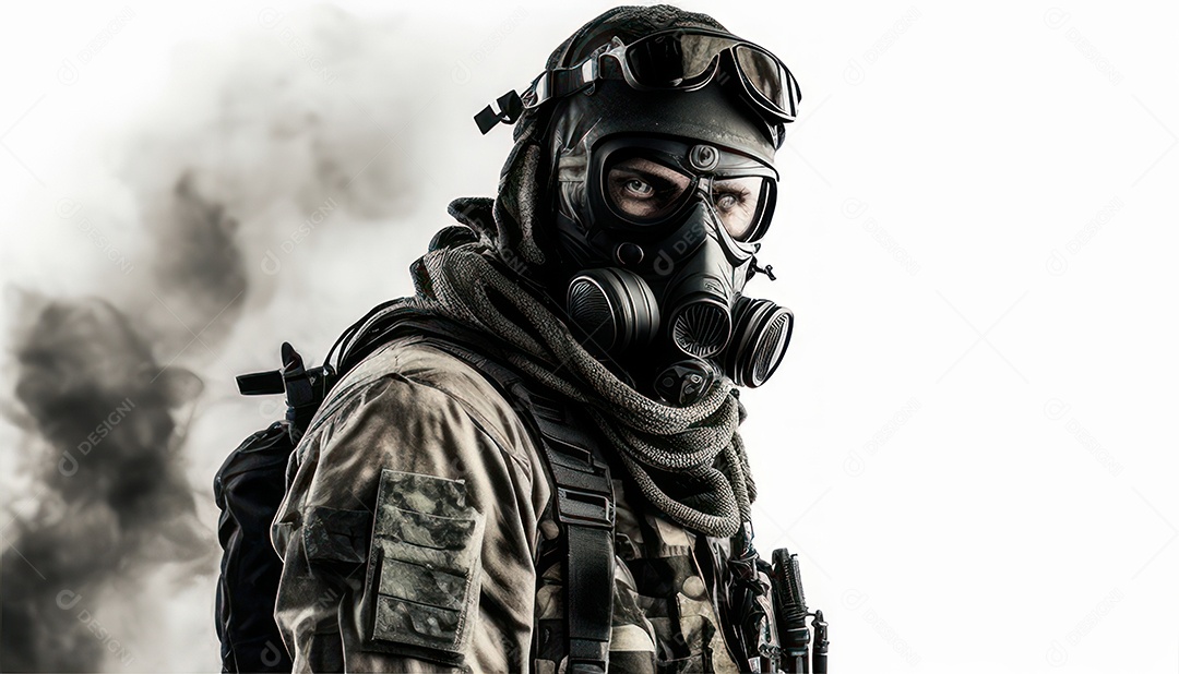 Jovem soldado usando mascara de oxigênio.