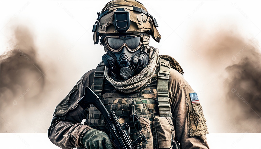 Jovem soldado usando mascara de oxigênio.