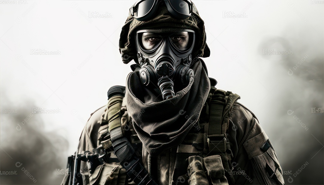 Jovem soldado usando mascara de oxigênio.