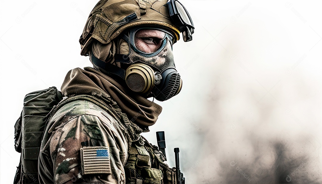 Jovem soldado usando mascara de oxigênio.