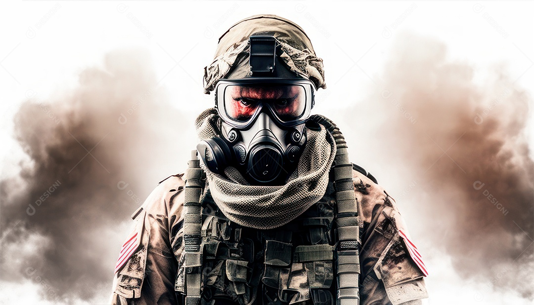 Jovem soldado usando máscara.