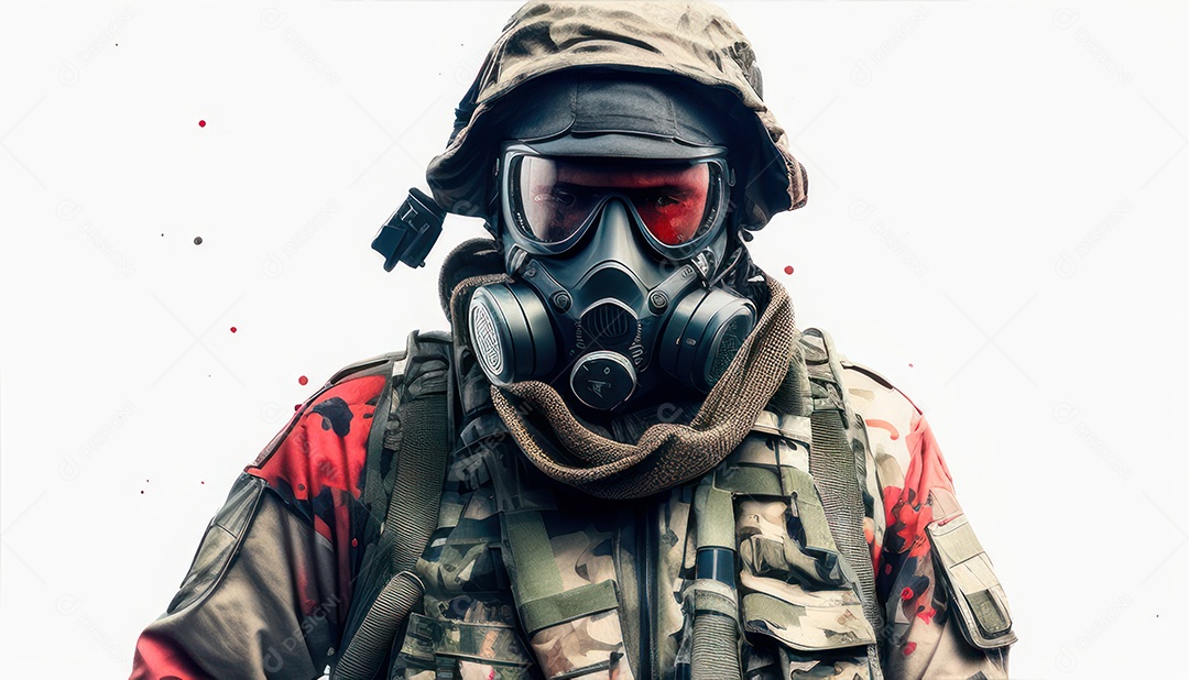 Jovem soldado usando máscara.