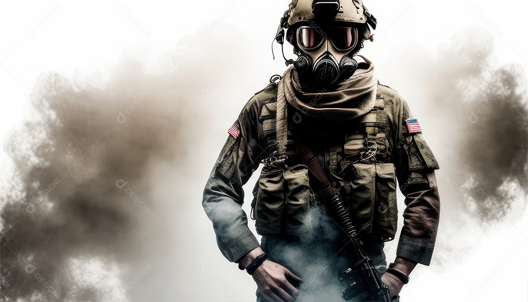 Jovem soldado usando mascara de oxigênio.