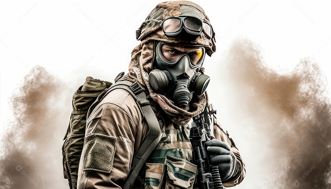 Jovem soldado usando mascara de oxigênio.