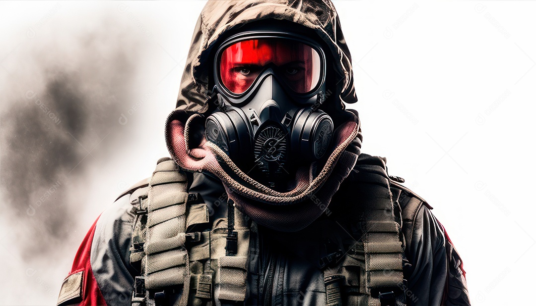 Jovem soldado usando mascara de oxigênio.