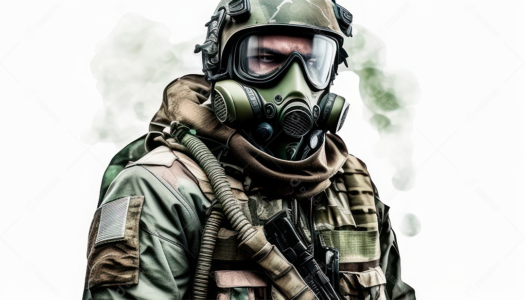 Jovem soldado usando mascara de oxigênio.