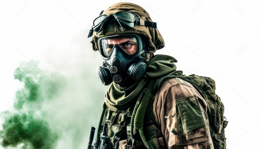 Jovem soldado usando mascara de oxigênio.