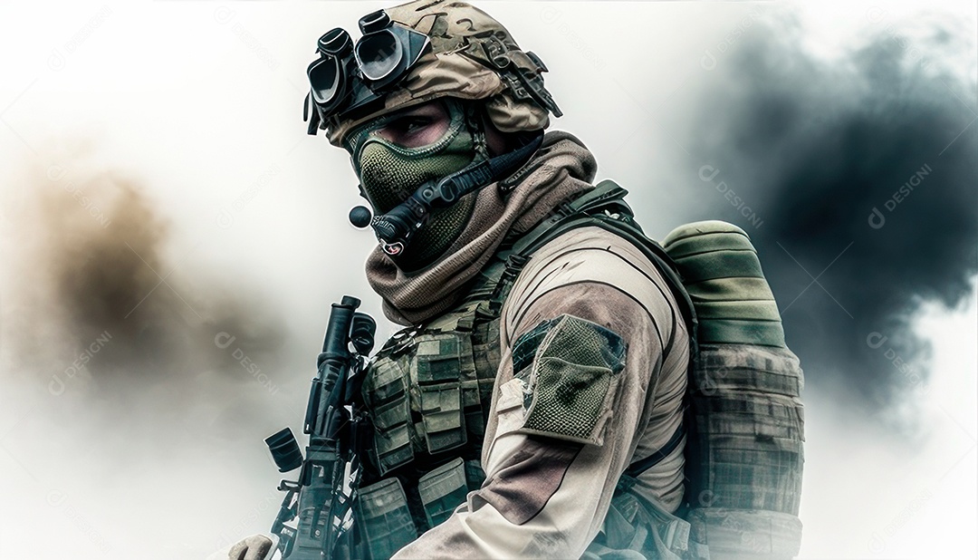 Jovem soldado usando mascara de oxigênio.