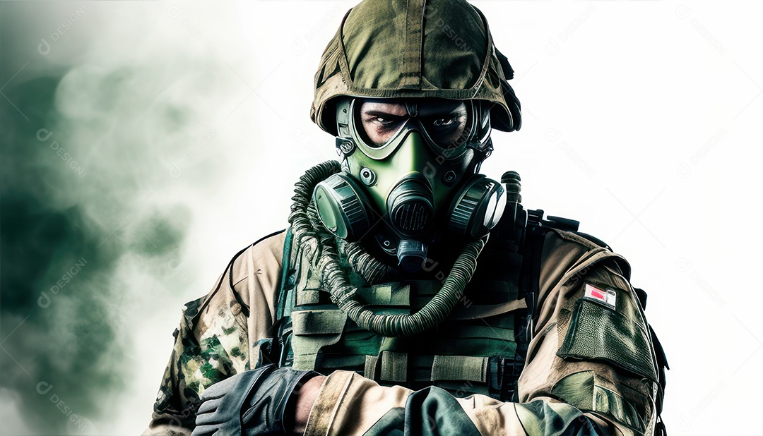 Jovem soldado usando mascara de oxigênio.
