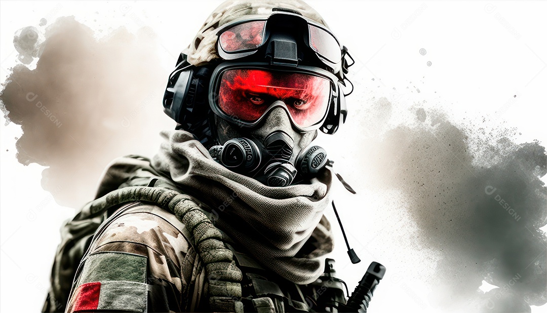 Jovem soldado usando mascara de oxigênio.