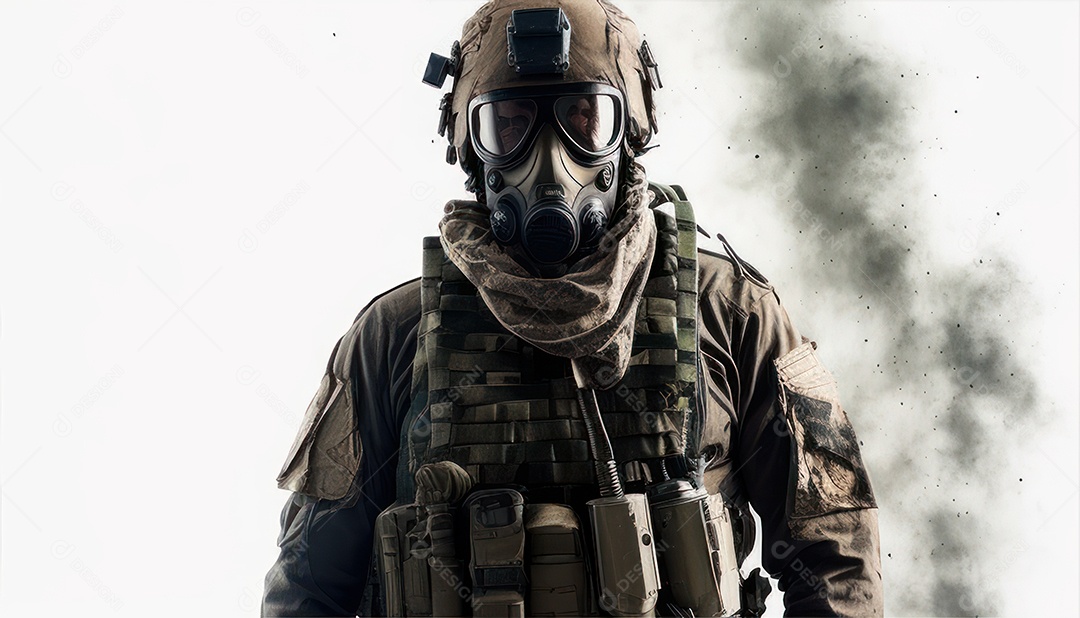 Jovem soldado usando mascara de oxigênio.