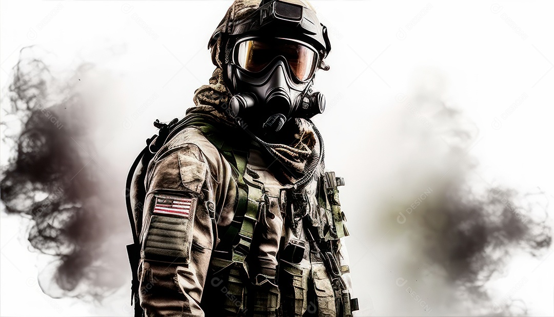 Jovem soldado usando mascara de oxigênio.