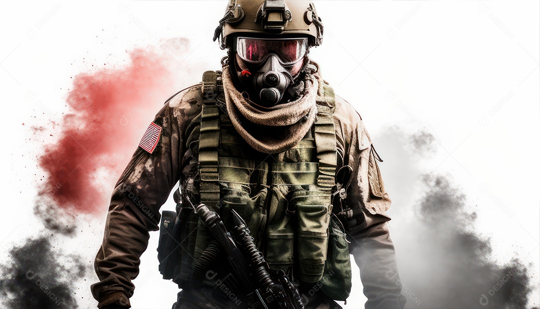 Jovem soldado usando mascara de oxigênio.
