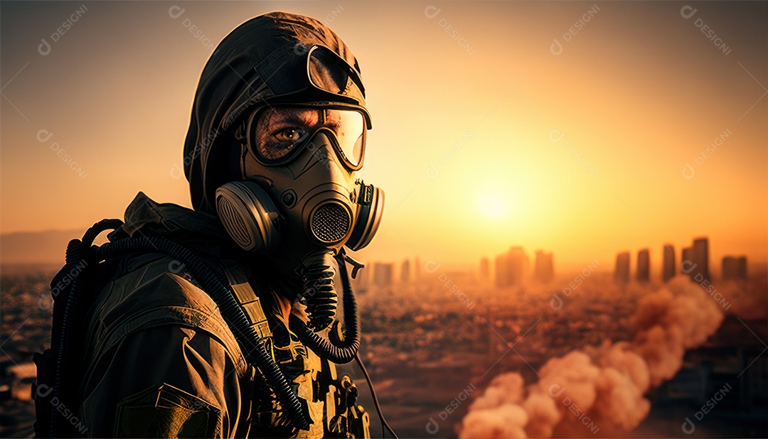 Jovem soldado usando mascara de oxigênio.