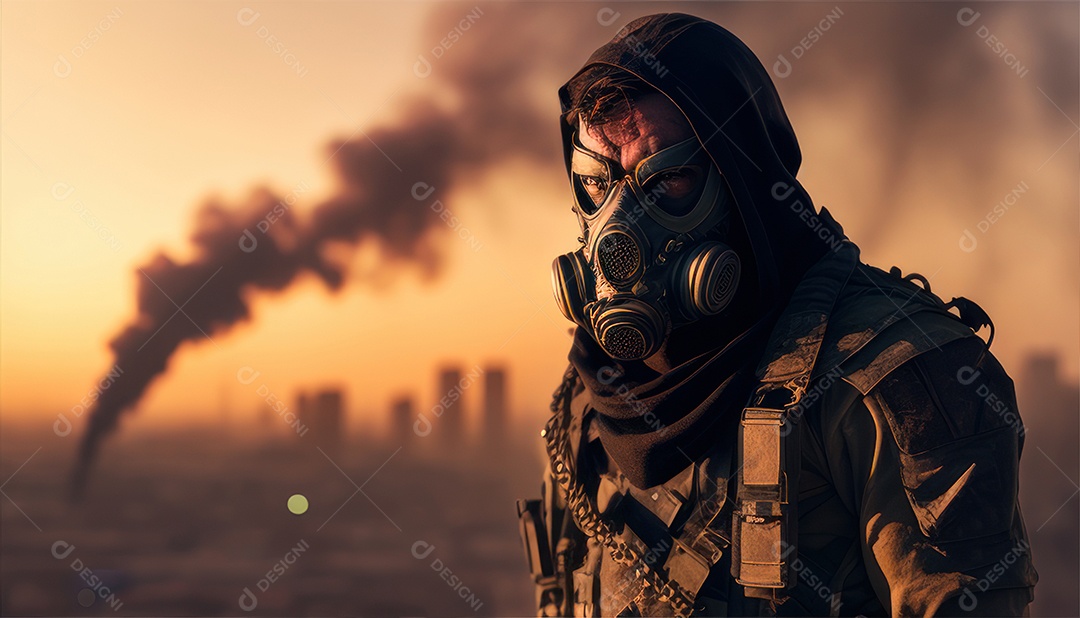 Jovem soldado usando mascara de oxigênio.