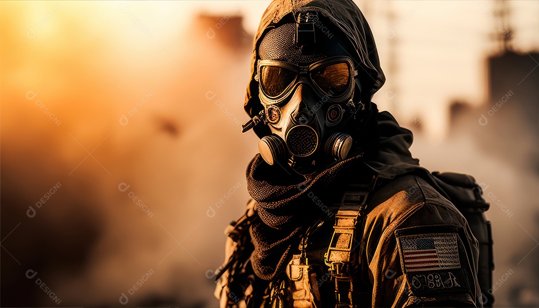 Jovem soldado usando mascara de oxigênio.