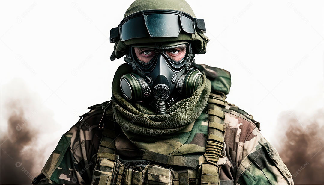 Jovem soldado usando mascara de oxigênio.