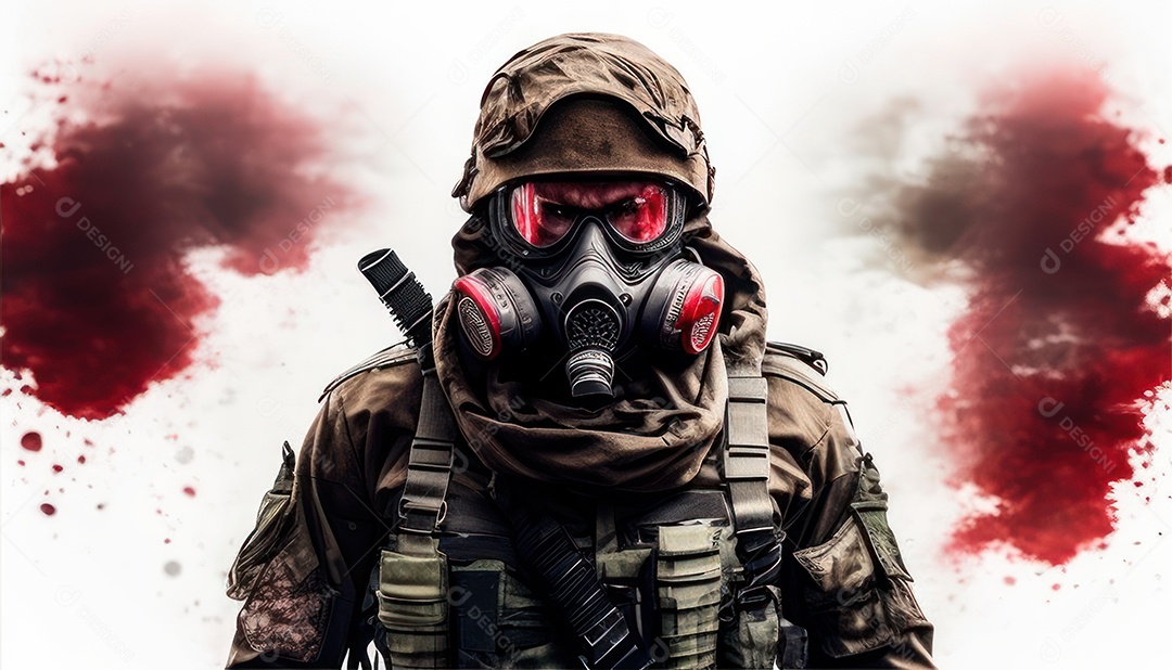 Jovem soldado usando mascara de oxigênio.