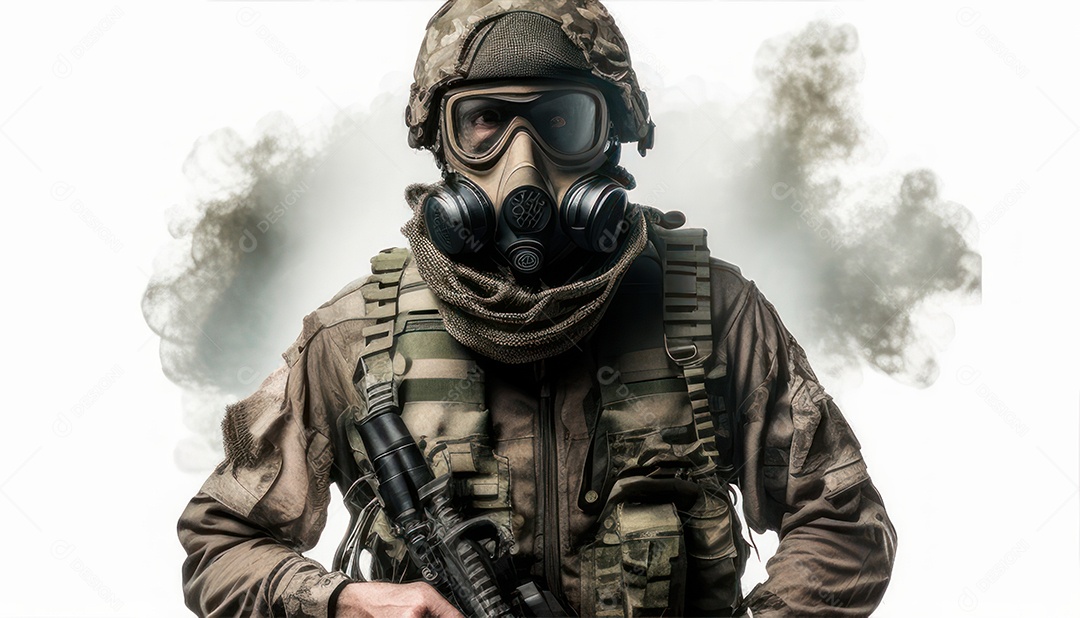 Jovem soldado usando mascara de oxigênio.