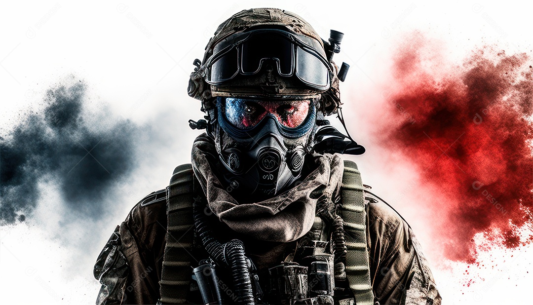 Jovem soldado usando mascara de oxigênio.