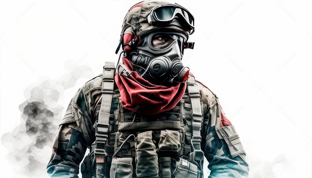 Jovem soldado usando mascara de oxigênio.