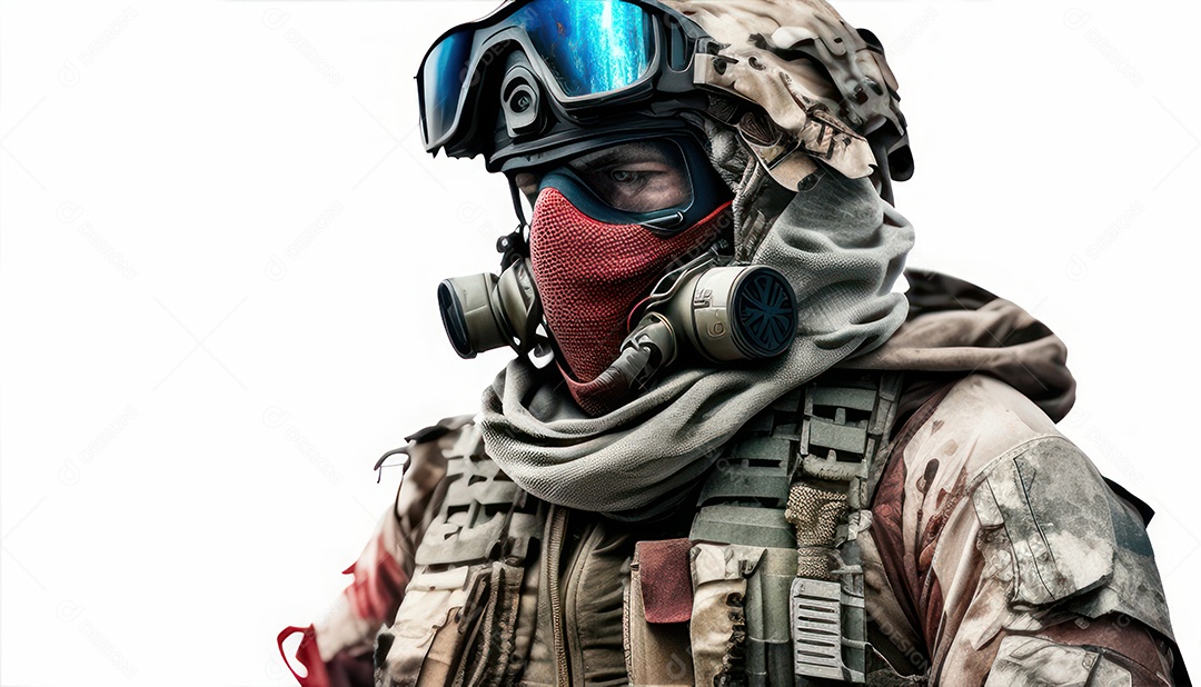 Jovem soldado usando mascara de oxigênio.