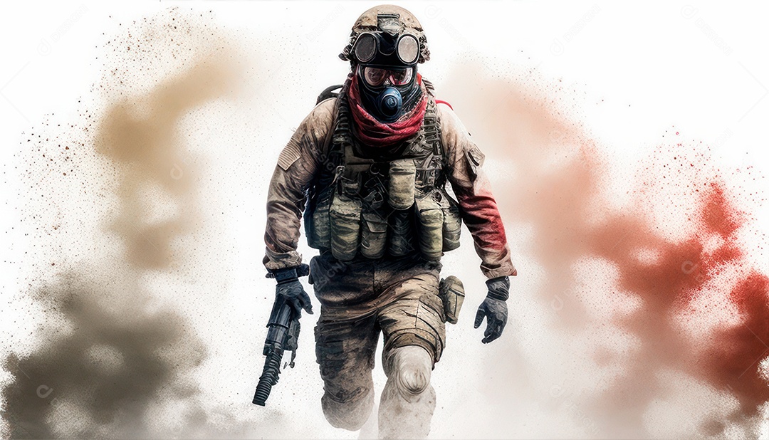 Jovem soldado usando mascara de oxigênio.