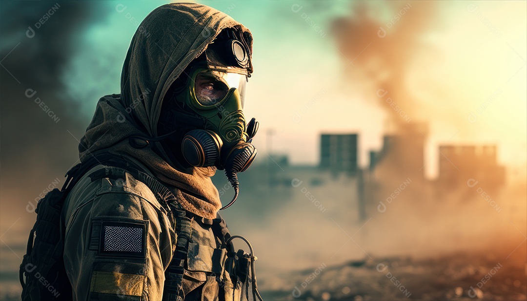 Jovem soldado usando mascara de oxigênio.