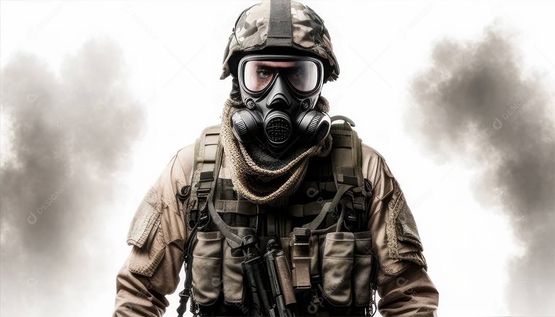 Jovem soldado usando mascara de oxigênio.