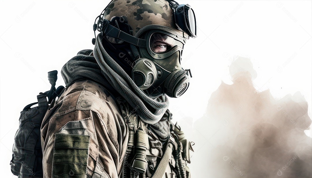Jovem soldado usando mascara de oxigênio.
