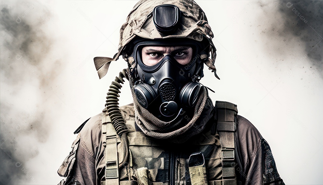 Jovem soldado usando mascara de oxigênio.