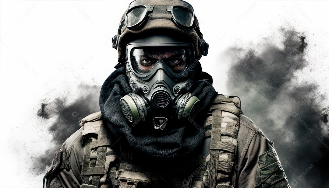 Jovem soldado usando mascara de oxigênio.