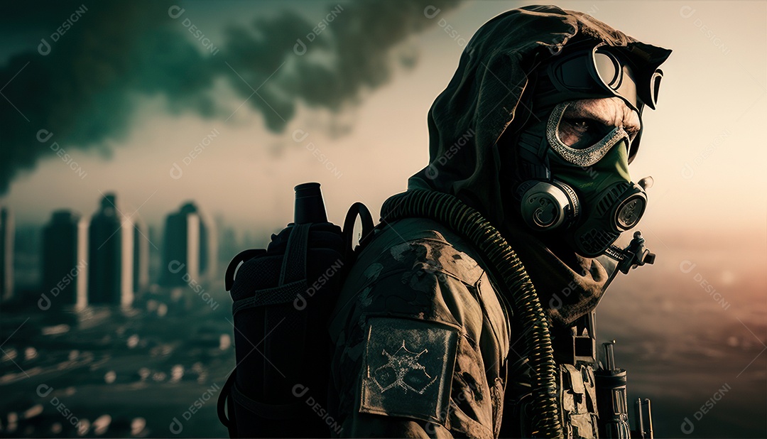 Jovem soldado usando mascara de oxigênio.