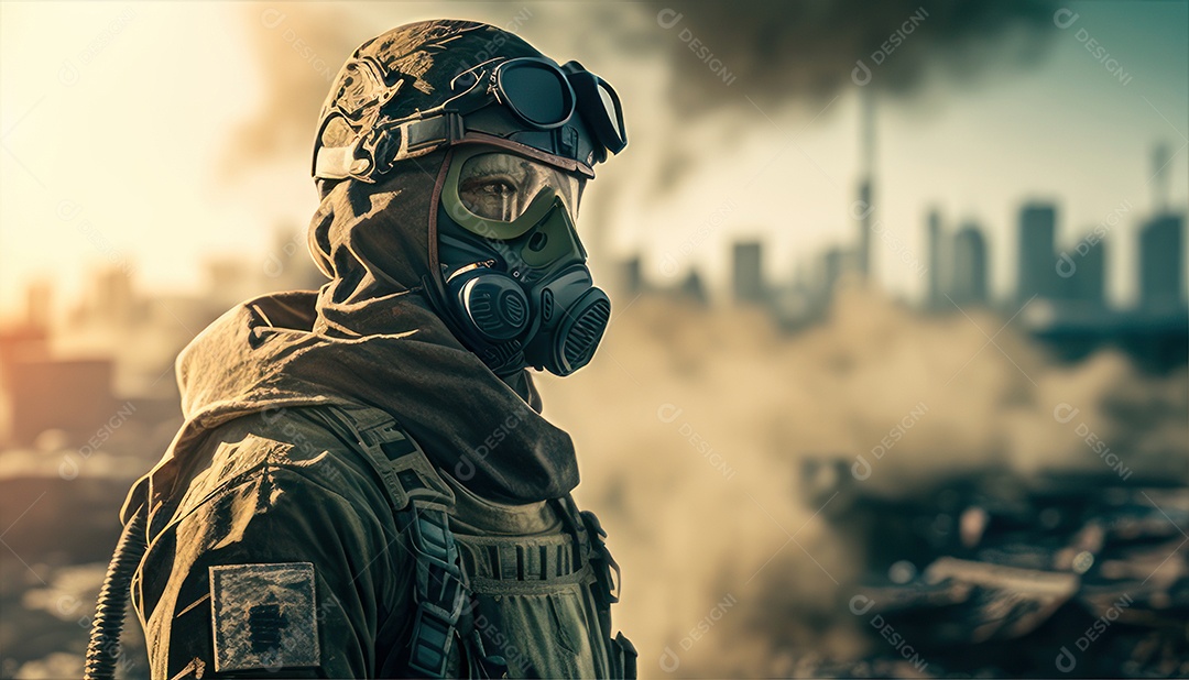 Jovem soldado usando mascara de oxigênio.