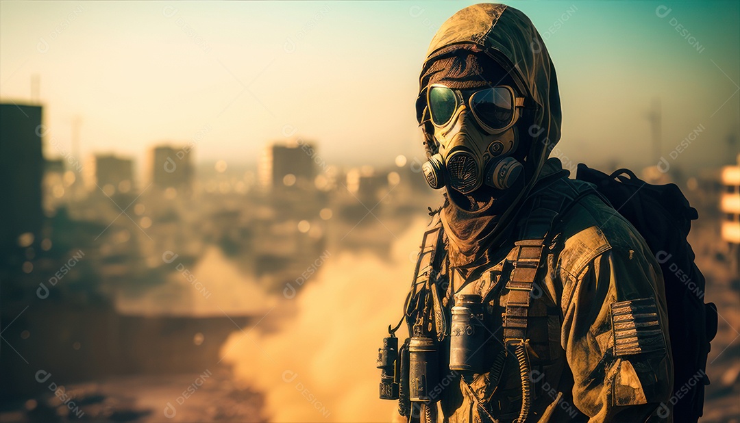 Jovem soldado usando mascara de oxigênio.