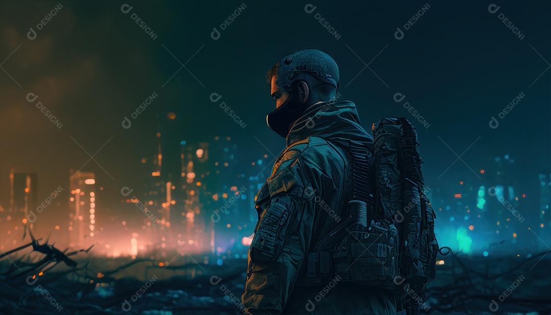 Jovem soldado usando mascara de oxigênio.